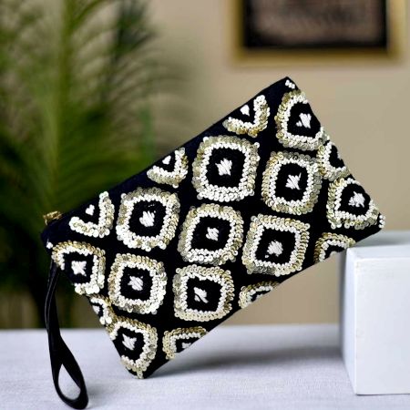 Black And White Beaded Indian Styled Clutch Purse